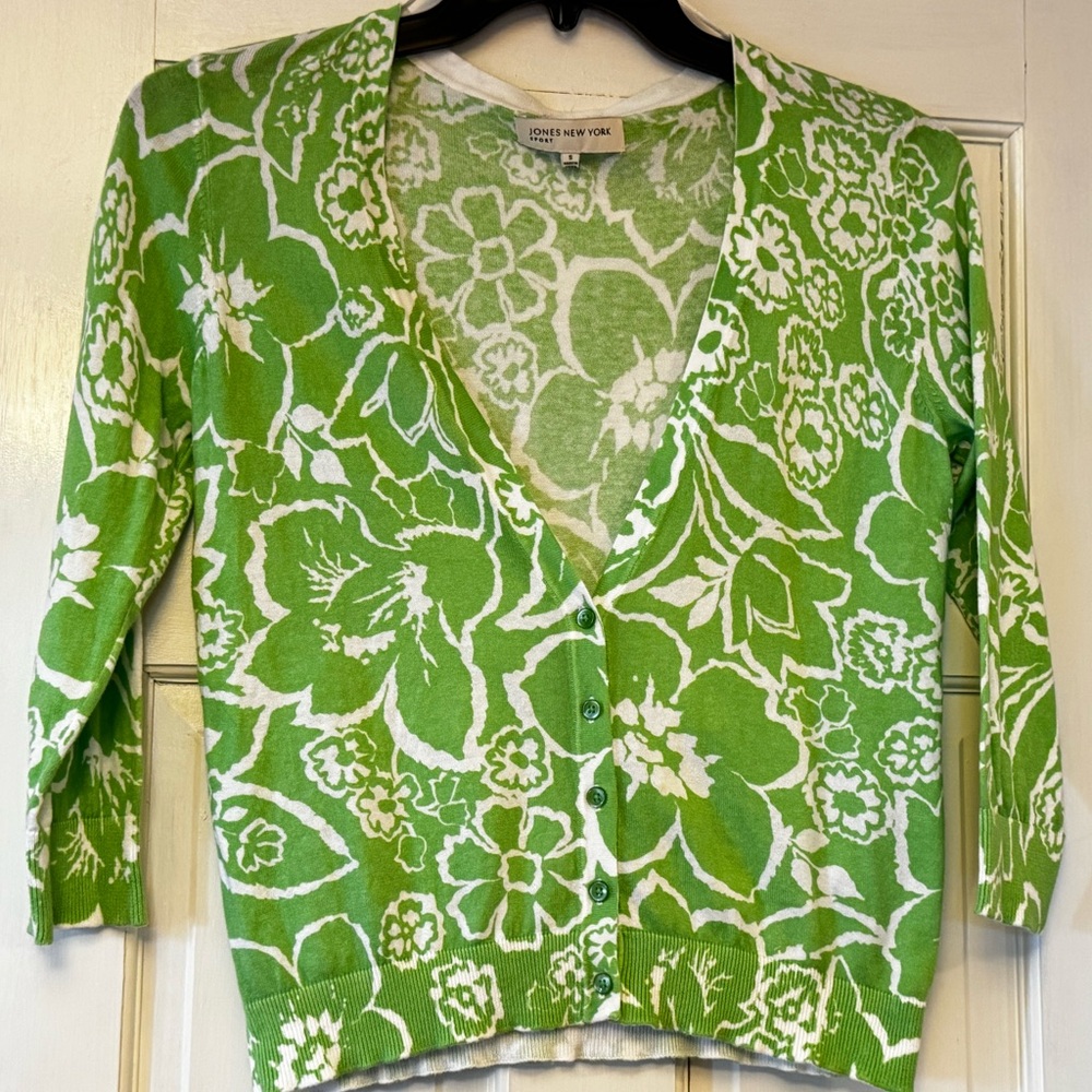 Jones New York Green and White Cotton Cardigan - Picture 3 of 7